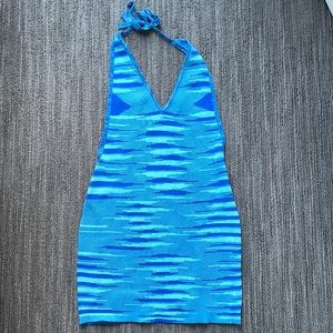 TRENDY BLUE KNIT PATTERED HALTER DRESS VERGE GIRL
